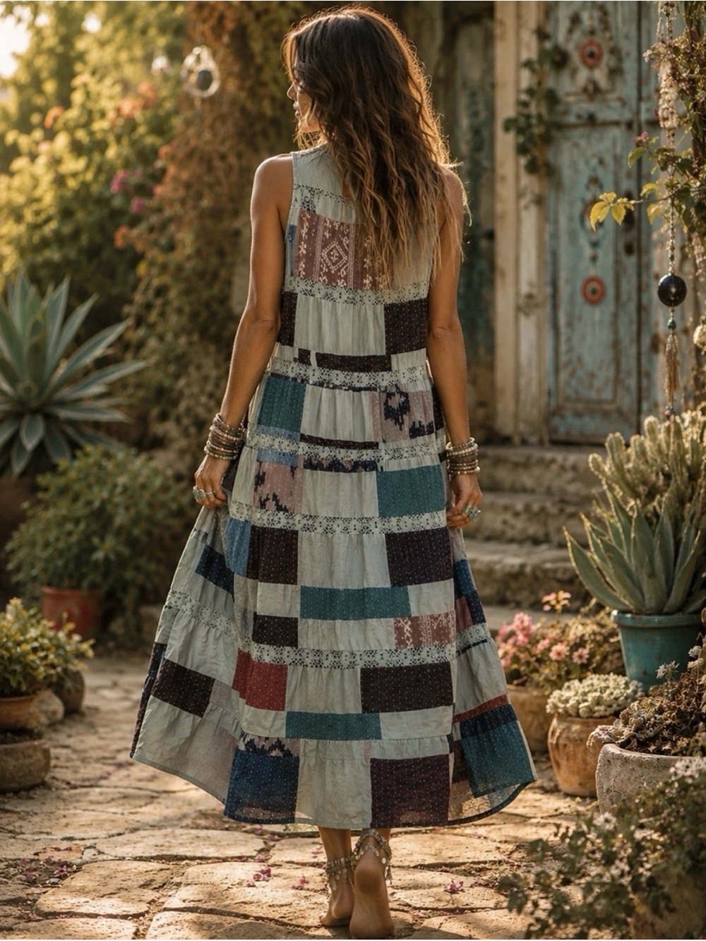 H082 New POL pp21 Patchwork Tiered Maxi Dress in Teal, Navy & Rust - Picture 2 of 13